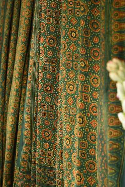 ajrakh modal silk sarees - golden grassland & blissful glow
