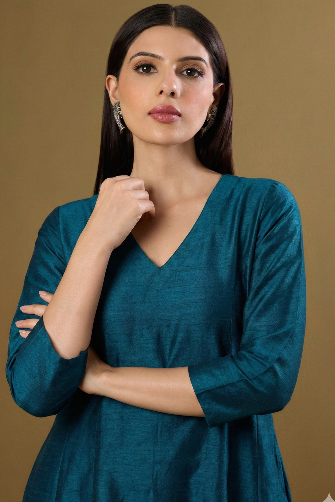 Peacock Plush Luxe Silk Slub Long Maxi Dress with Sleeves