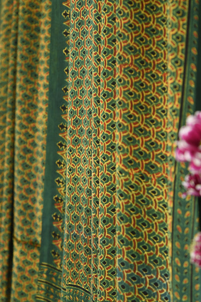 ajrakh modal silk sarees - mossy garden & floral serenade