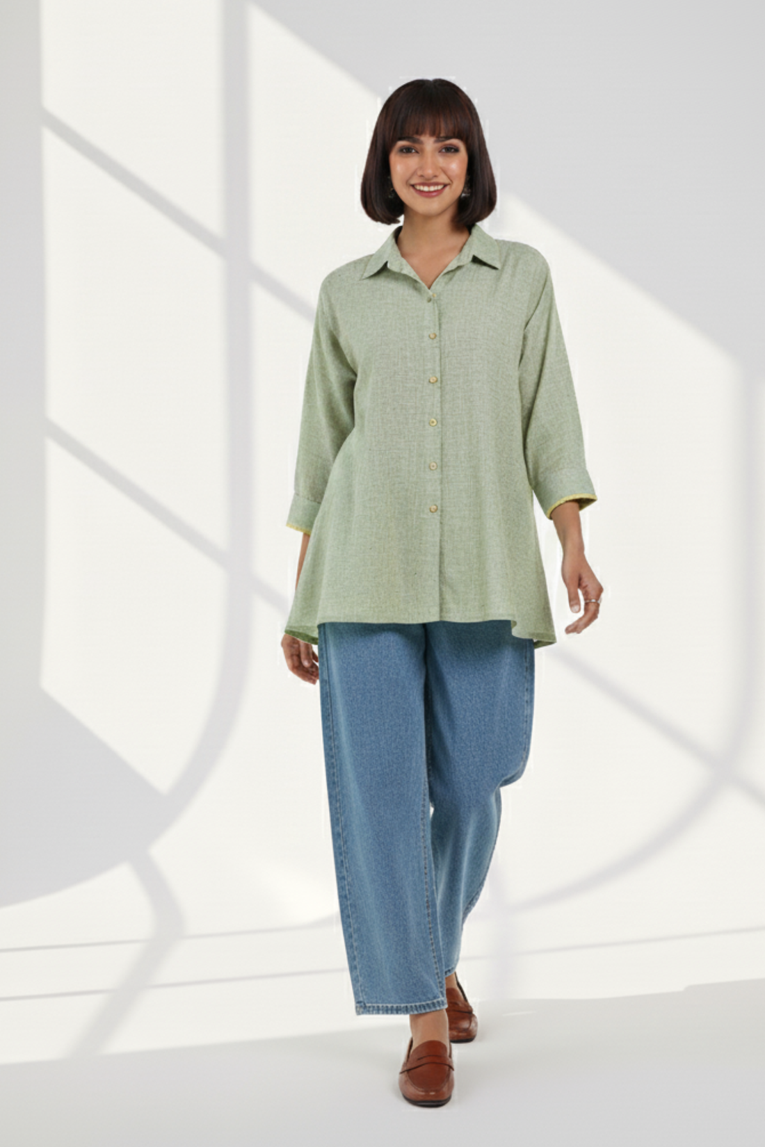 Pistachio Calm Front High Low Hem Cotton Linen Shirt (only shirt)