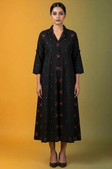 Midnight Saffron Butta Cotton Princess Cut Jumpsuit with Pockets & Collar