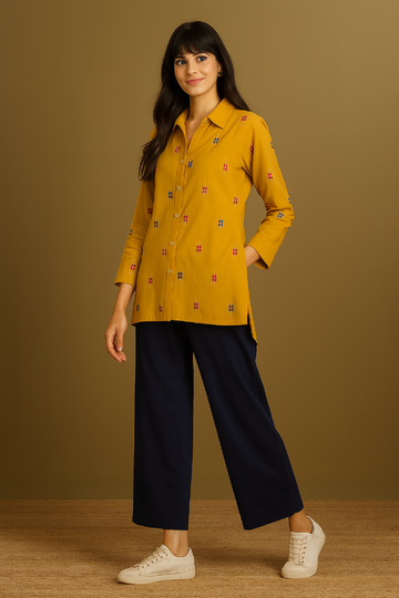 Front Hi Low Hem Tunic Shirt  In Ikat Yellow Green  by Maati Crafts