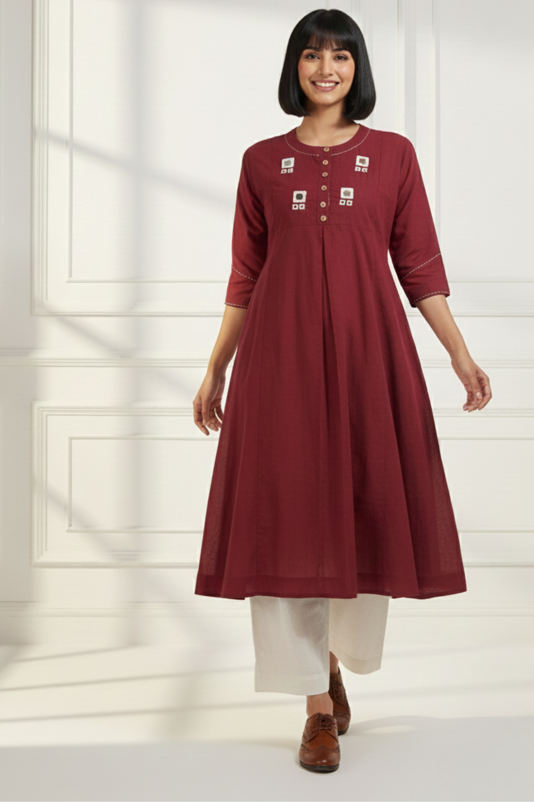 kalidar kurta - merlot maroon & ivory reflections
