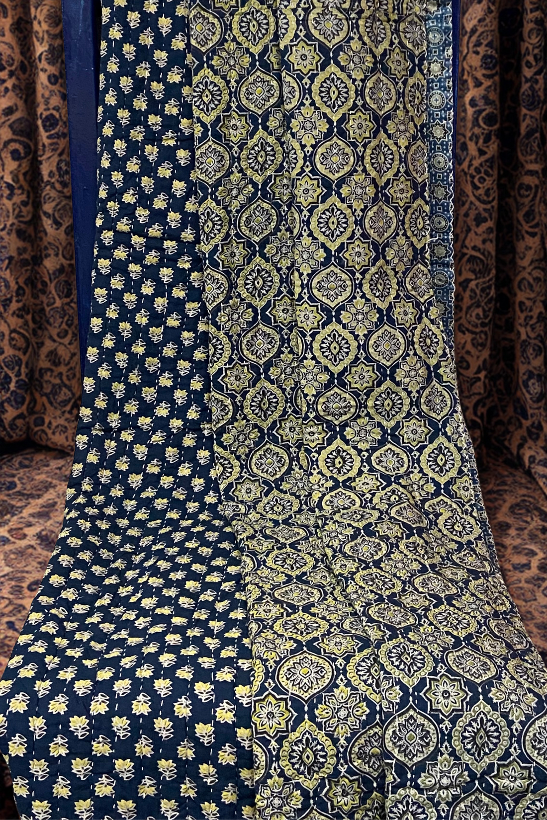 handcrafted reversible mashroo double quilt with filler - Celestial Blue & Gold Dust