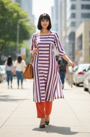 Lavender Stride Cotton Square Neck Panelled Long Kurta