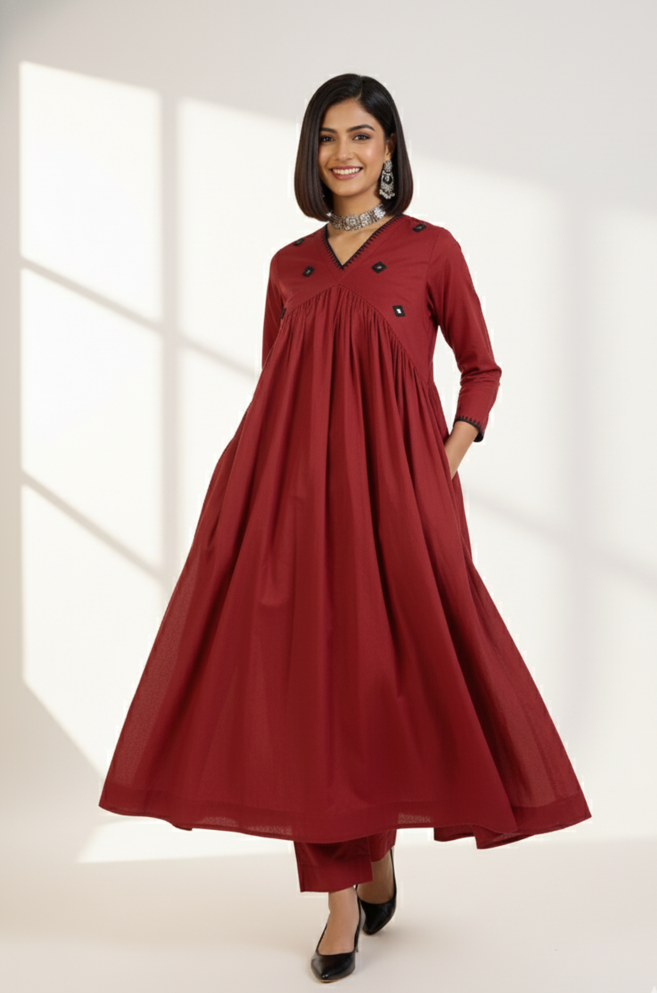 Rust & Noir Reverie V-Neck Gather Anarkali