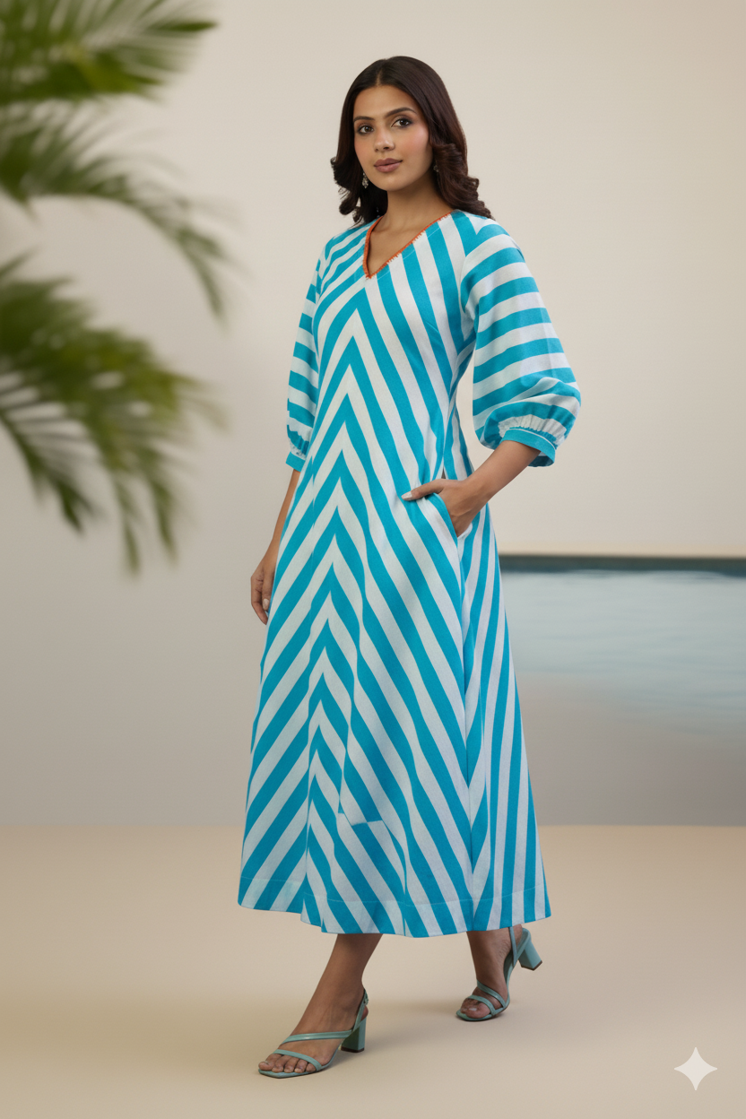 Sky Stripes V-Neck Cotton Midi Dress with Elevated Sleeves