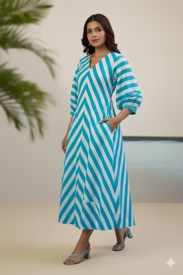 Sky Stripes V-Neck Cotton Midi Dress with Elevated Sleeves