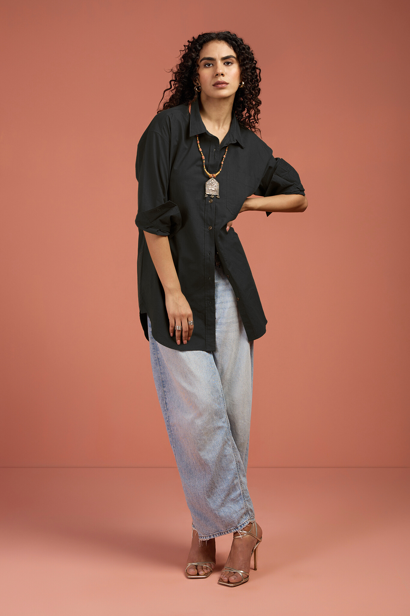 Oversized Long Shirt - Charcoal Black Poplin Cotton by Maati Crafts