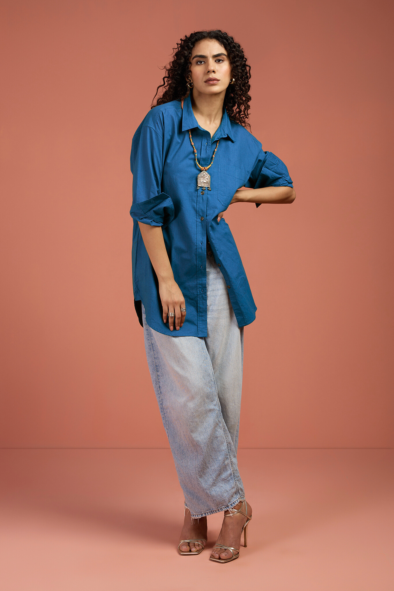 Oversized Long Shirt In Blue Poplin Cotton  by Maati Crafts