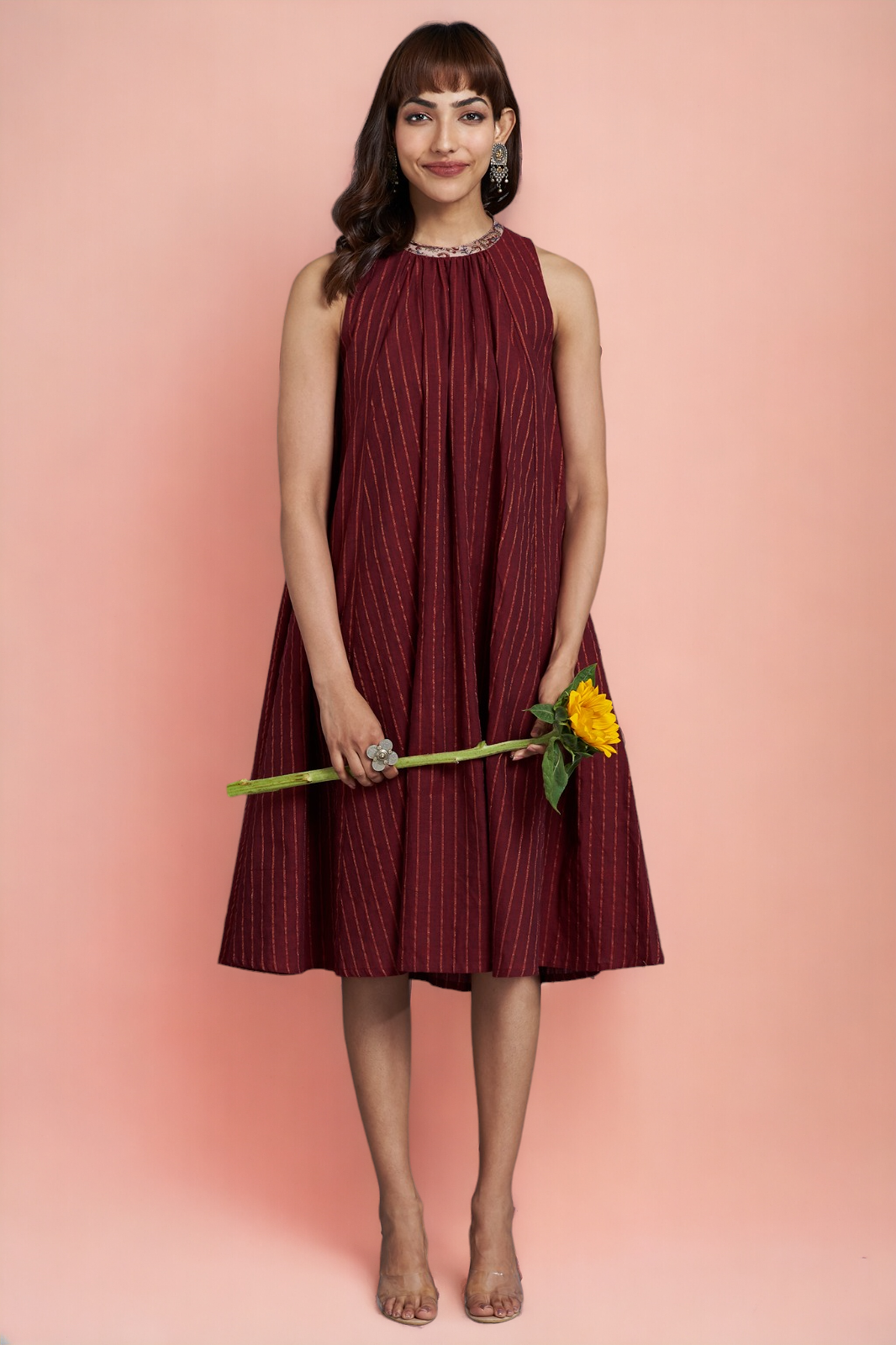 marsala valley - sleeveless crew neck gather dress with gold lines