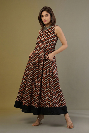Sandstone and Red Pepper Long Sleeveless Maxi Dress
