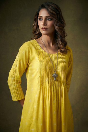 Yellow Prism Pintuck Yoke & Sleeve Kalidar Kurta