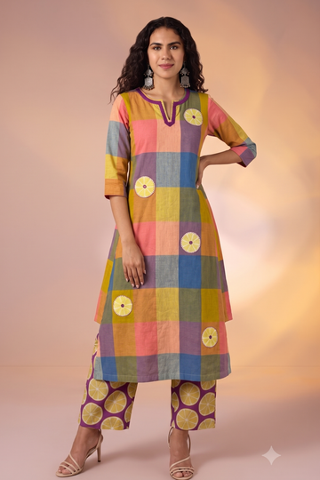 Colorburst Checks Cotton Long Kurta With Side Twist