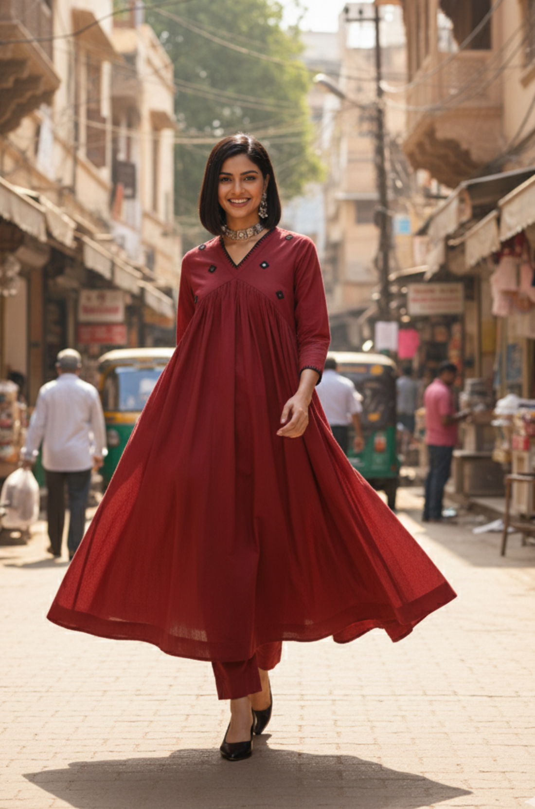 Rust & Noir Reverie V-Neck Gather Anarkali