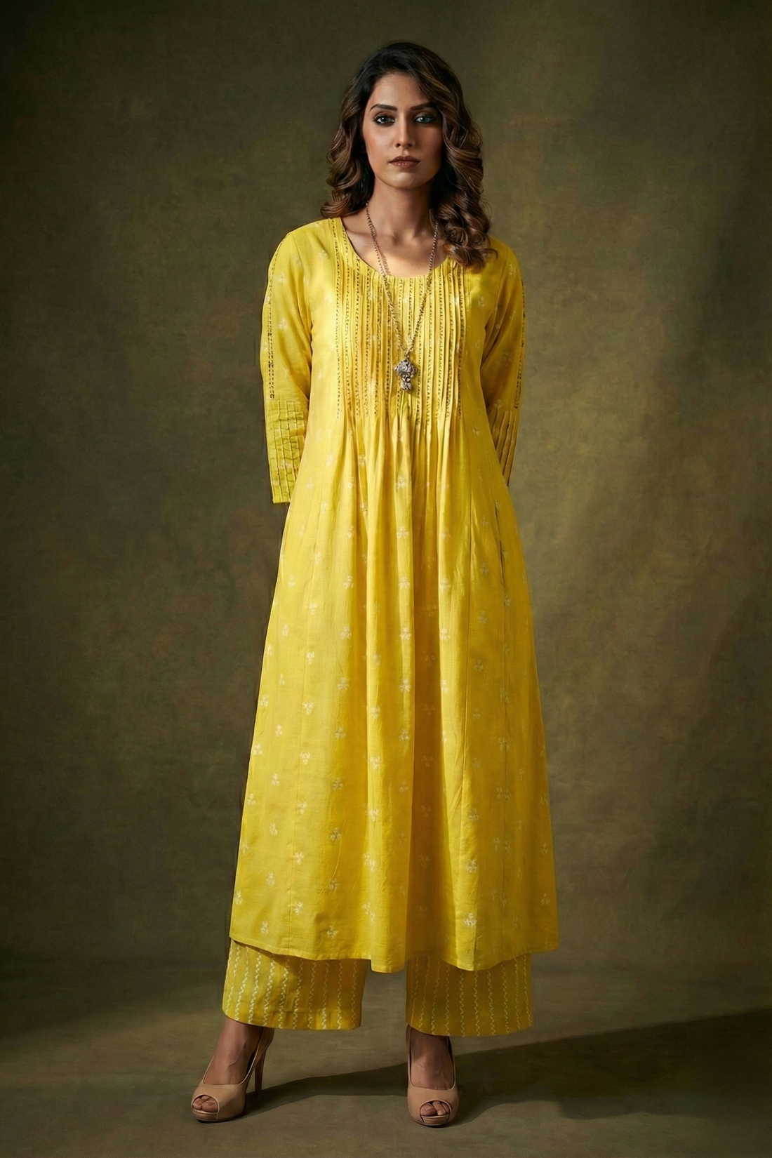 Yellow Prism Pintuck Yoke & Sleeve Kalidar Kurta