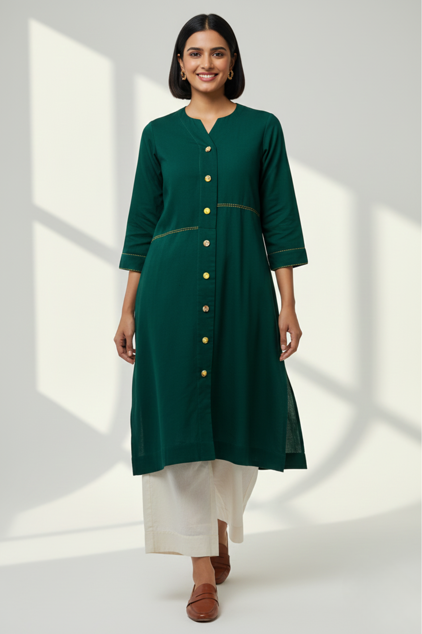 button down tunic kurta with hand stitched details - Evergreen Opulence & Lush Charm