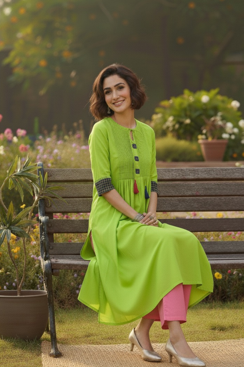 pintuck green long kurta with slit zesty lime