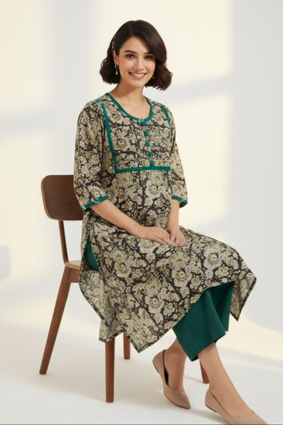 pintuck yoke kalidar slit kurta - mystic noir & enchanted forest