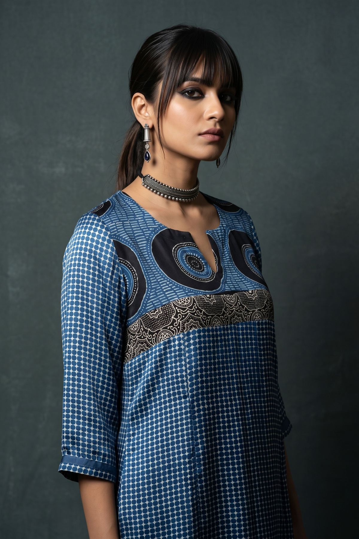 Artisanal_Indigo_Dotted_Modal_Long_Kurta_with_Slit