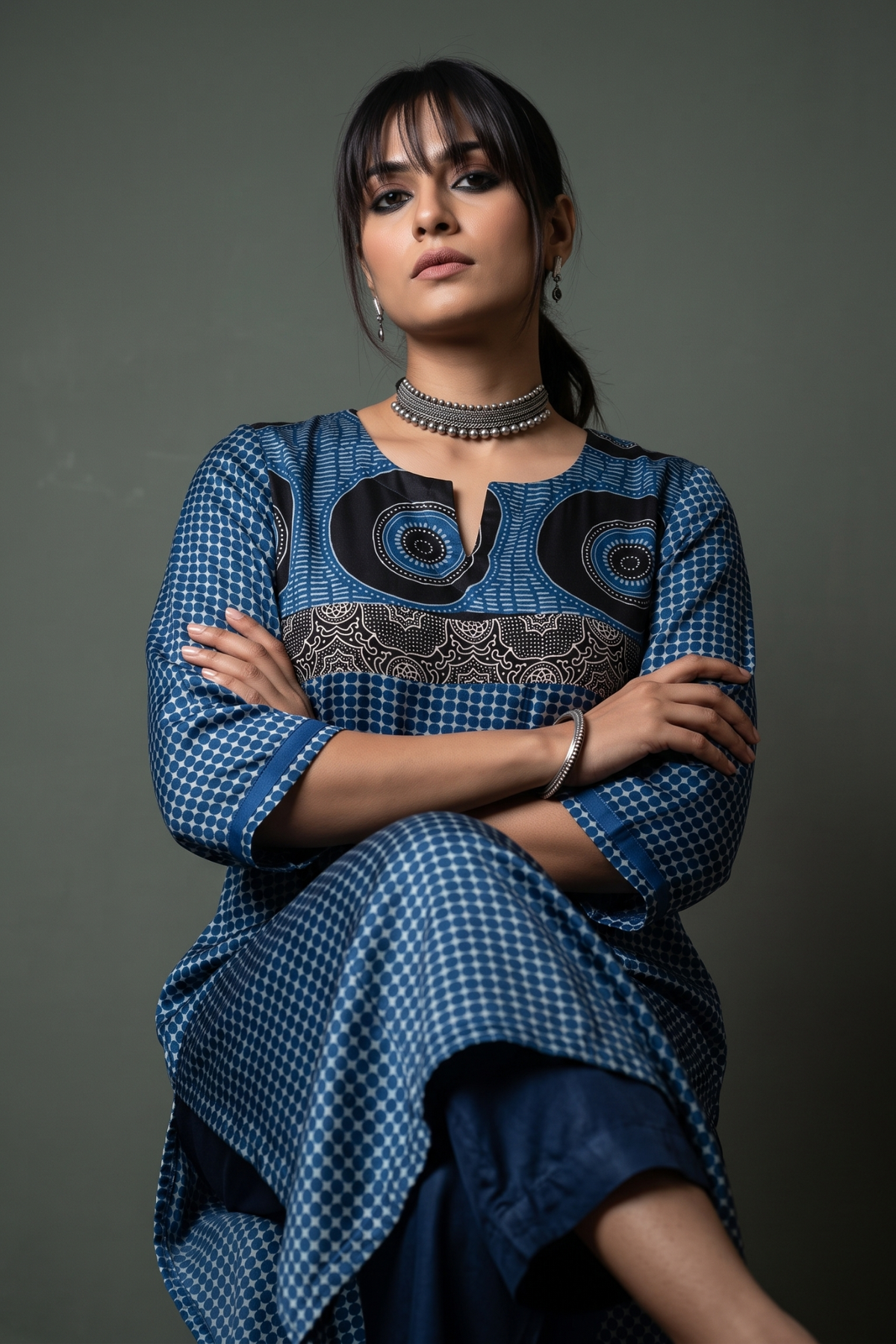 Artisanal_Indigo_Dotted_Modal_Long_Kurta_with_Slit