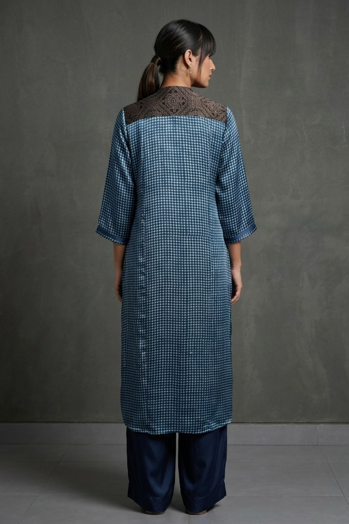 Artisanal_Indigo_Dotted_Modal_Long_Kurta_with_Slit