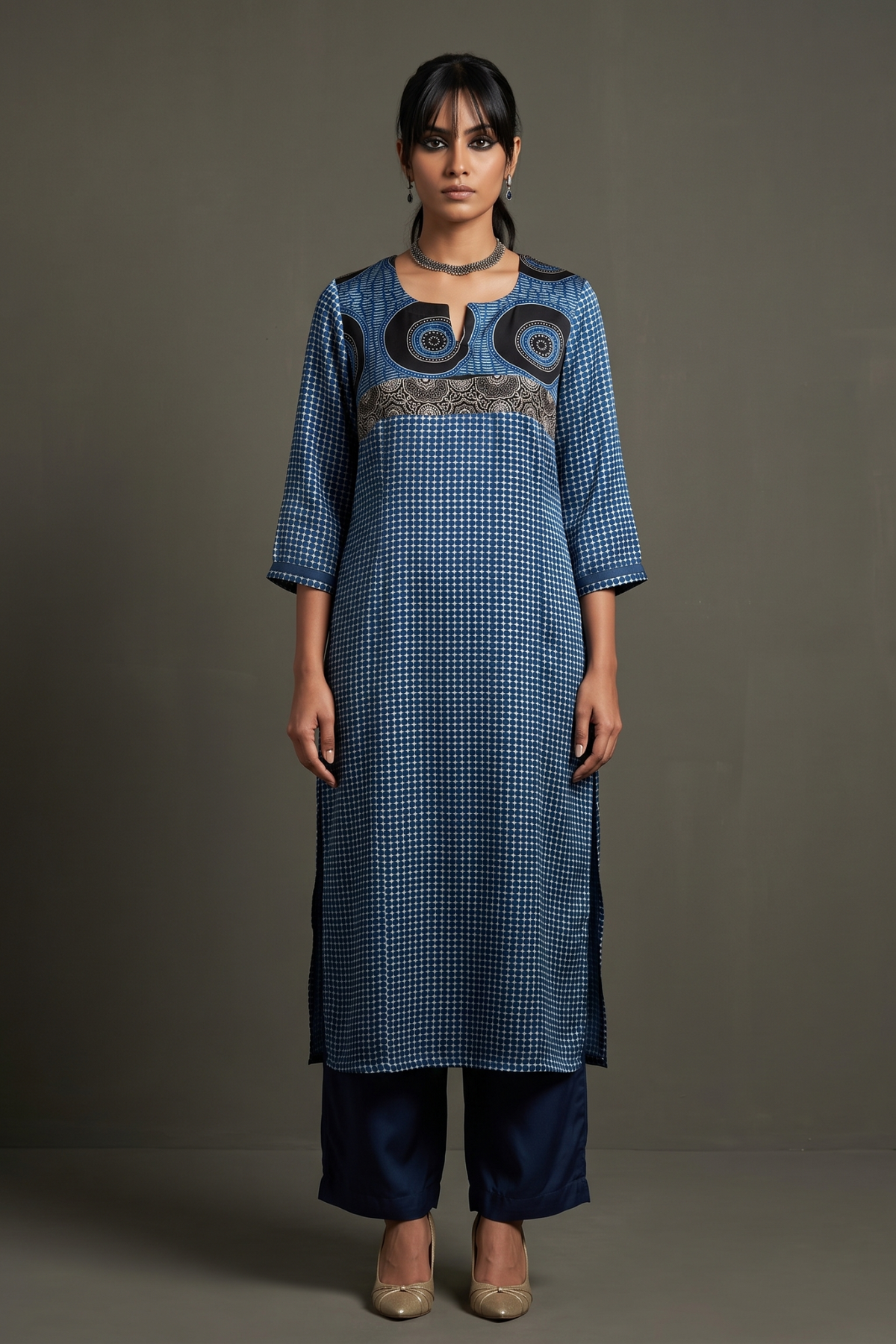 Artisanal_Indigo_Dotted_Modal_Long_Kurta_with_Slit