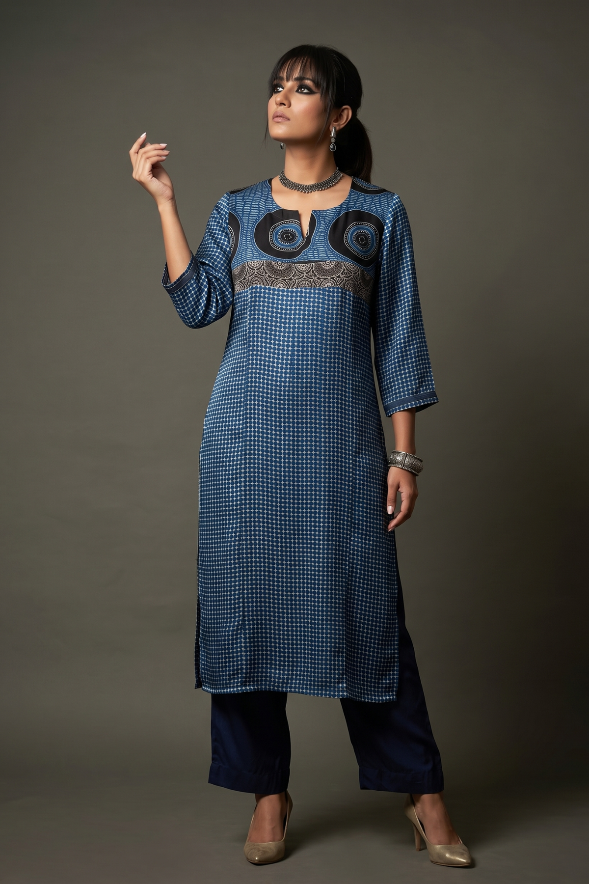 Artisanal_Indigo_Dotted_Modal_Long_Kurta_with_Slit