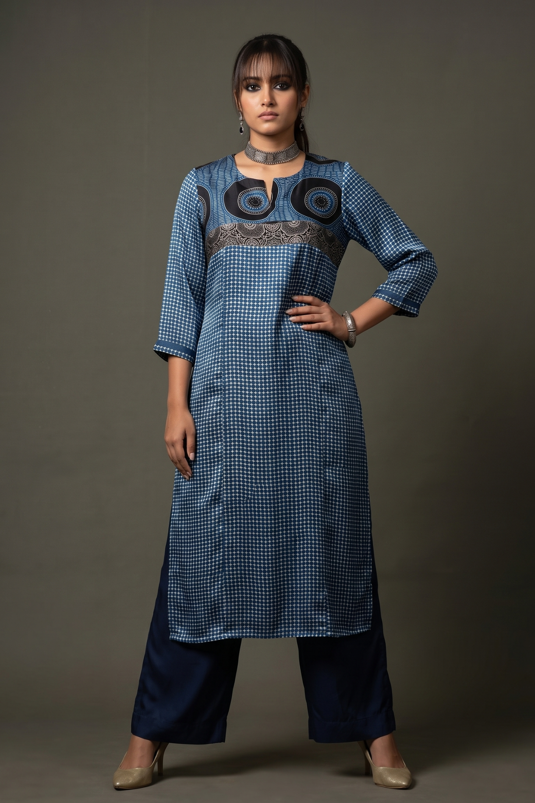Artisanal_Indigo_Dotted_Modal_Long_Kurta_with_Slit