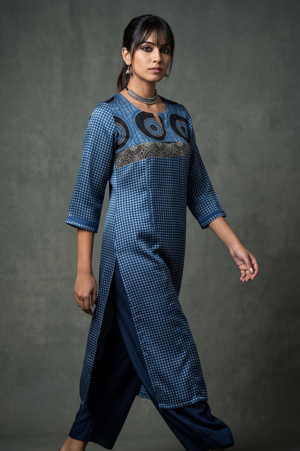 Artisanal_Indigo_Dotted_Modal_Long_Kurta_with_Slit