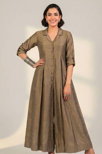 Beige Luxe Silk Slub Jumpsuit with Pockets & Collar