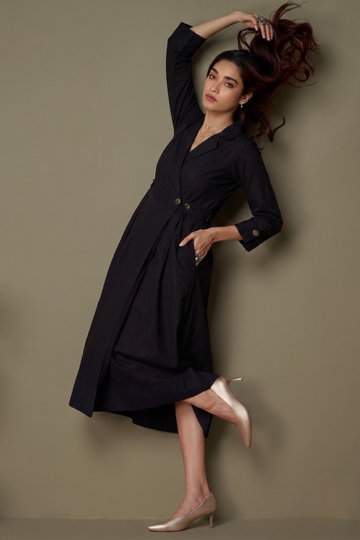 Black Classic Poplin Long Trench Dress