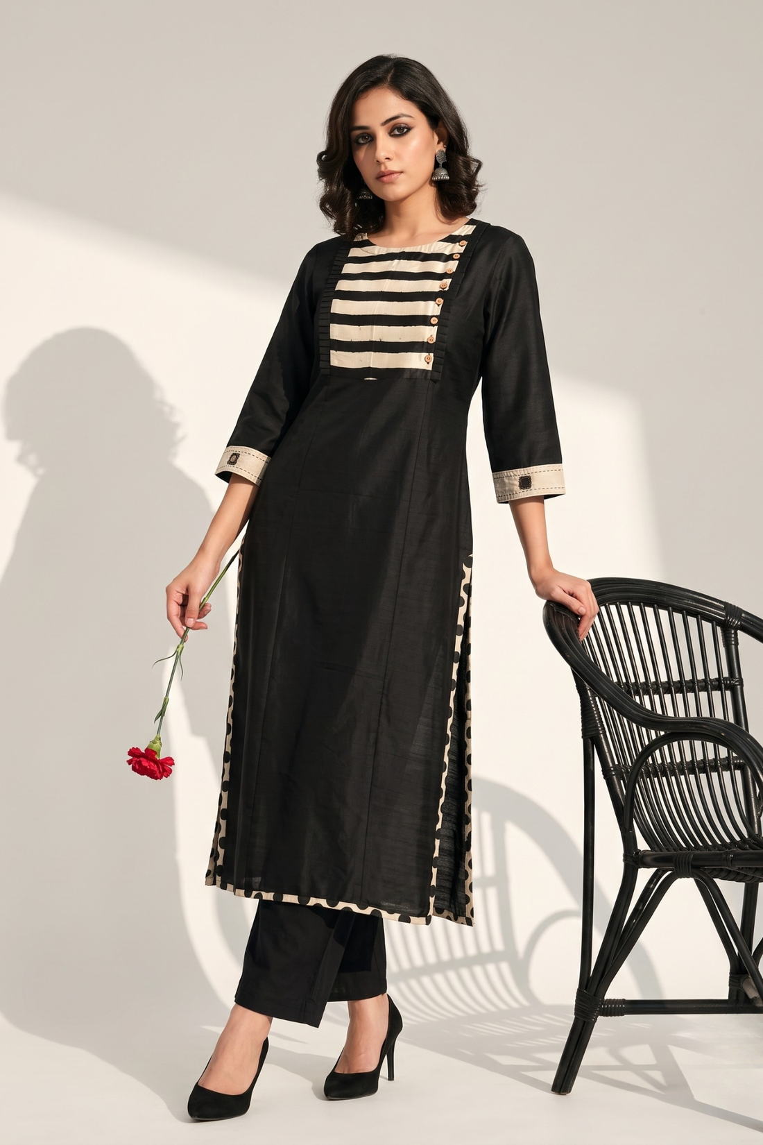 Black_Luxe_Weave_Long_Kurta_With_Yoke__Slit
