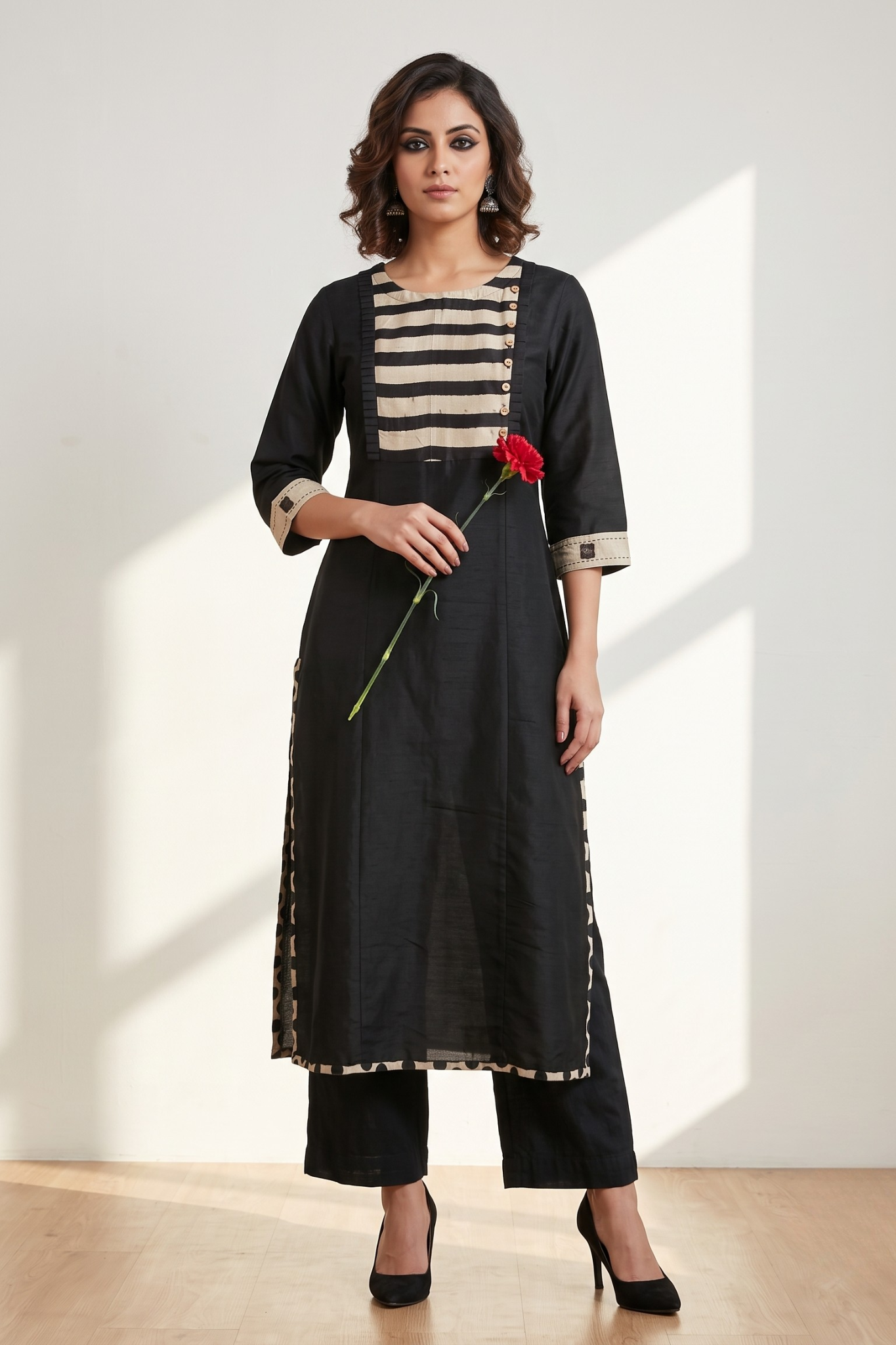 Black_Luxe_Weave_Long_Kurta_With_Yoke__Slit