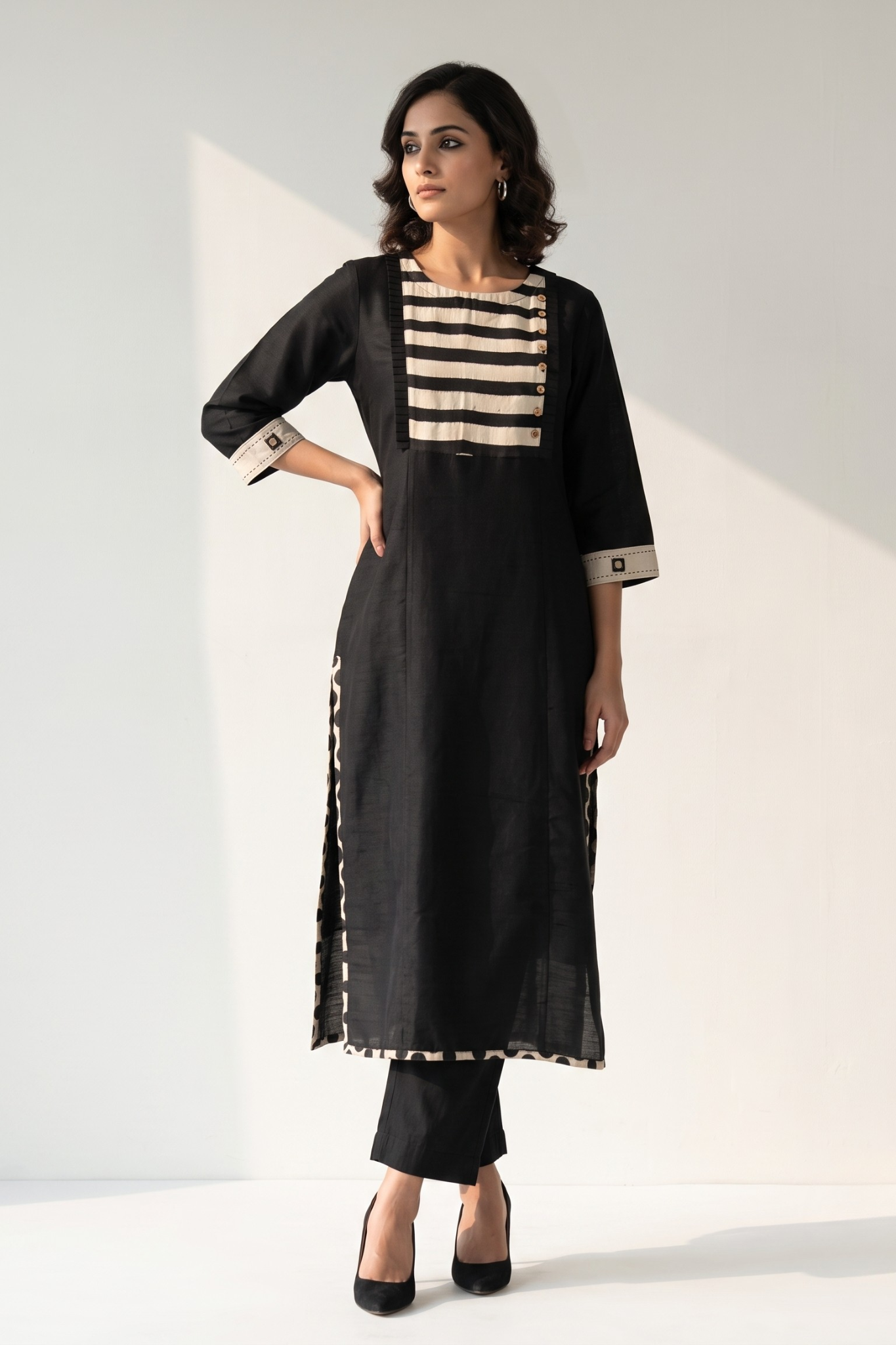 Black_Luxe_Weave_Long_Kurta_With_Yoke__Slit