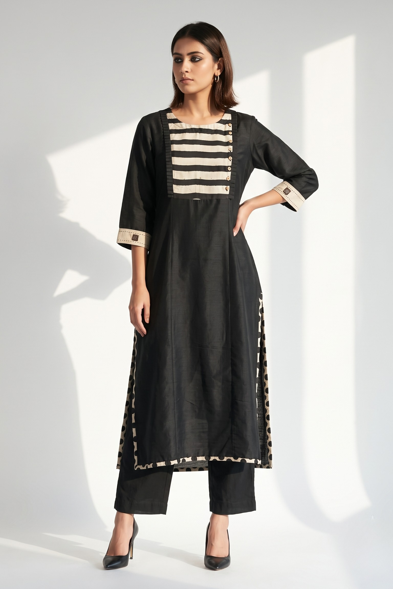 Black_Luxe_Weave_Long_Kurta_With_Yoke__Slit