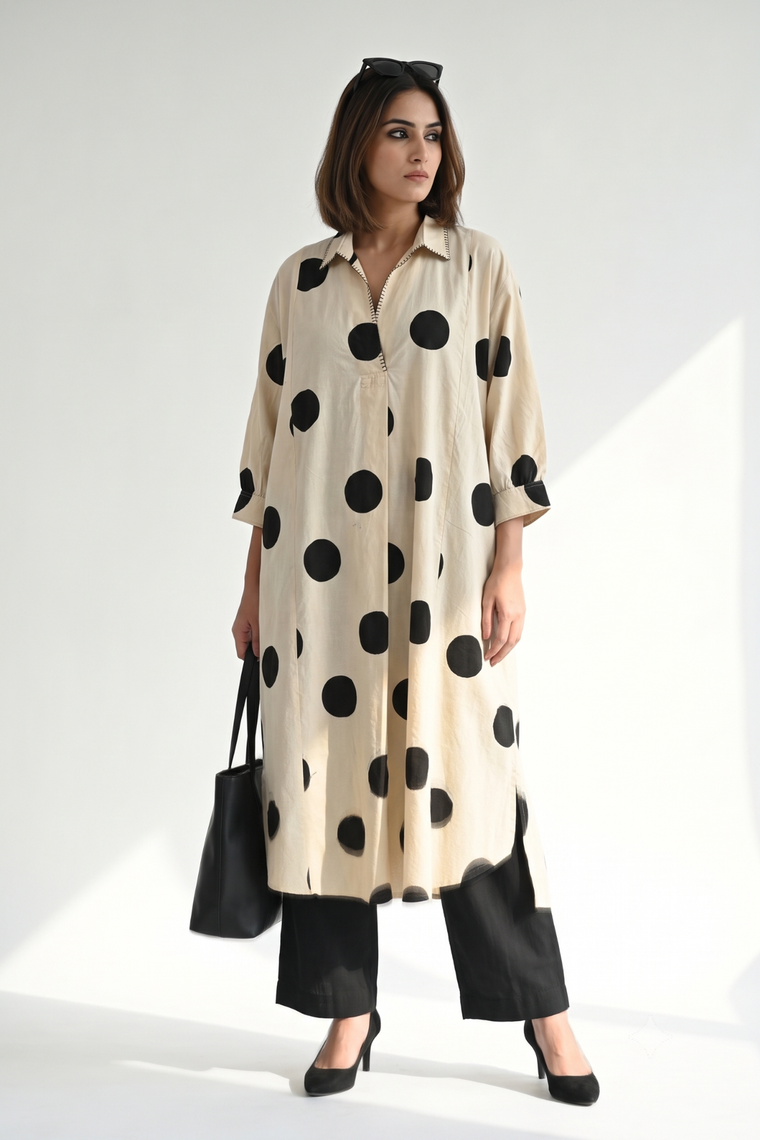 Offwhite Black polka Collar Dress with pockets