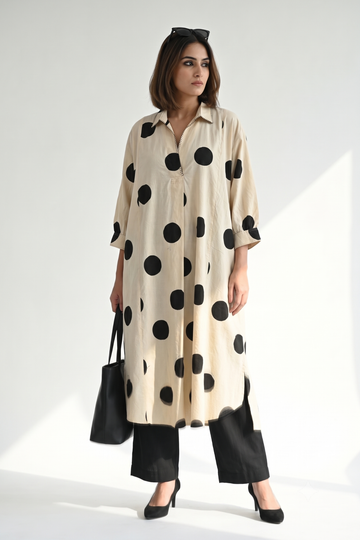 Offwhite Black polka Collar Dress with pockets