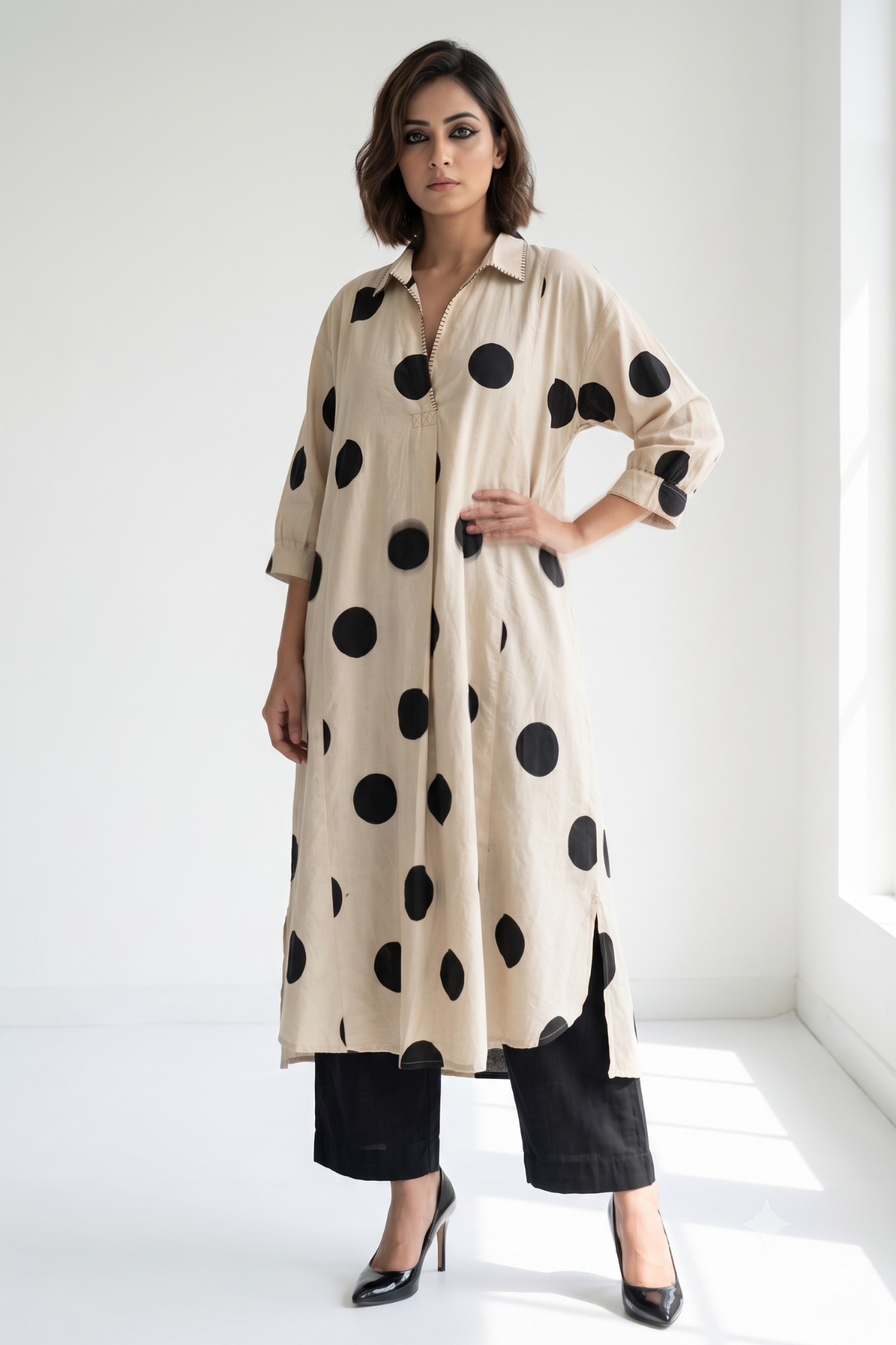 Offwhite Black polka Collar Dress with pockets