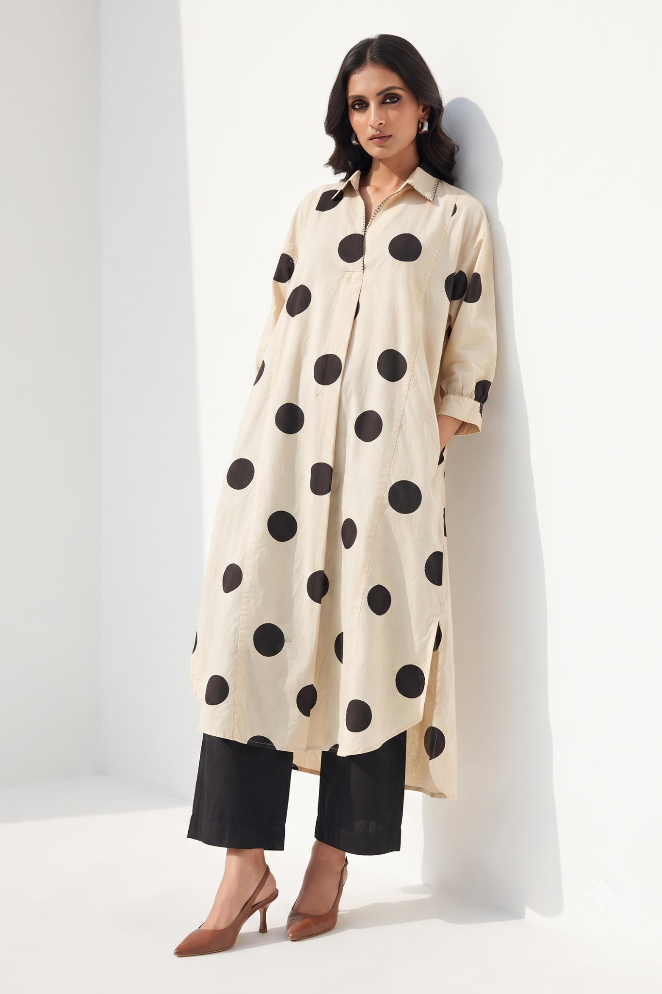 Offwhite Black polka Collar Dress with pockets