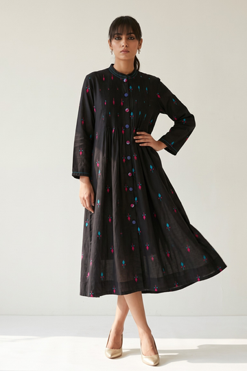 Black_Petal_Weave_Cotton_Pleated_Pintuck_Button_Down_Dress