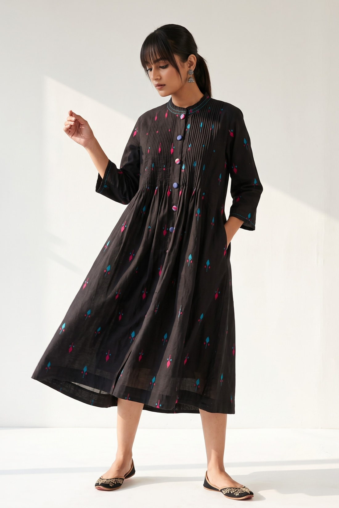 Black_Petal_Weave_Cotton_Pleated_Pintuck_Button_Down_Dress