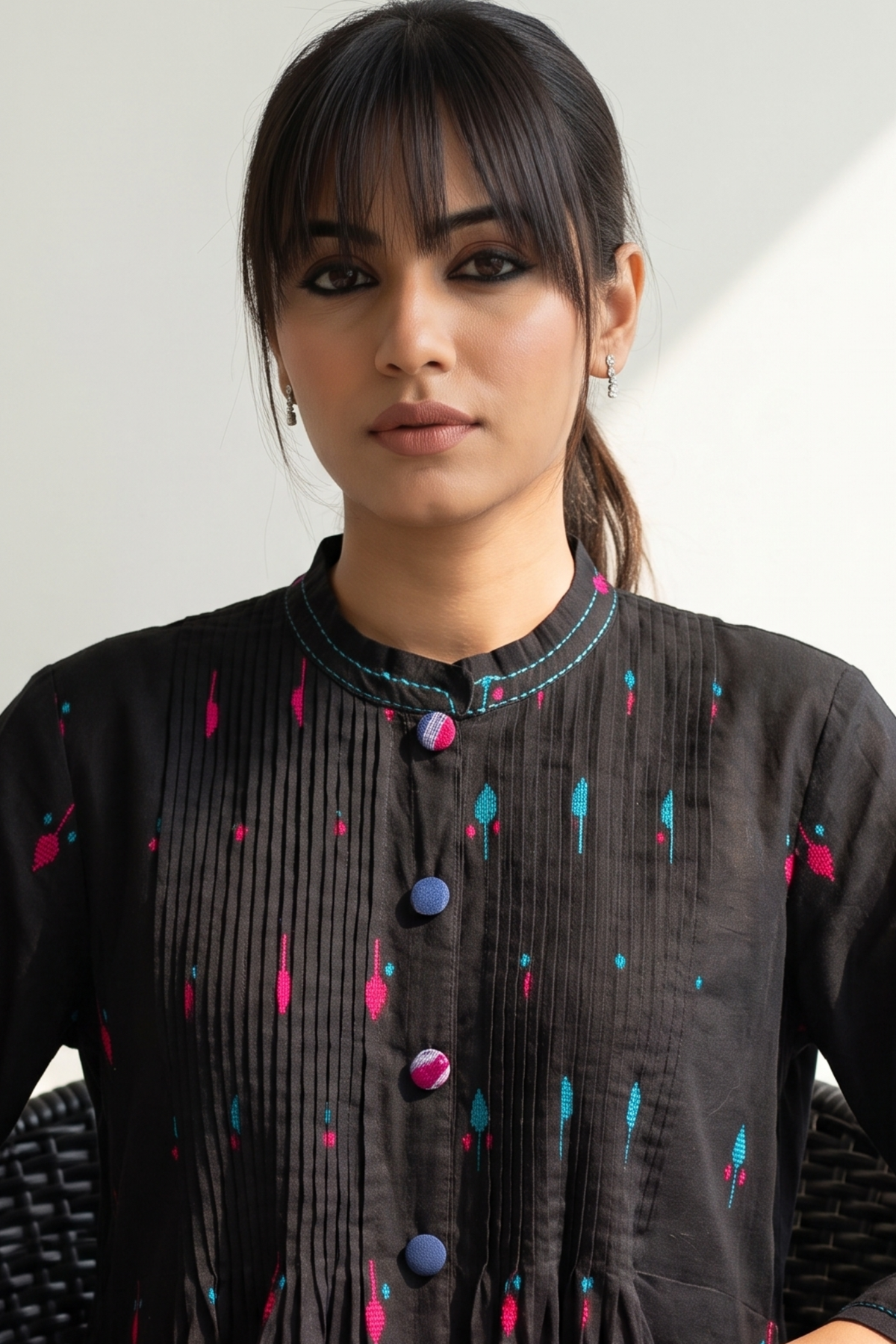 Black_Petal_Weave_Cotton_Pleated_Pintuck_Button_Down_Dress