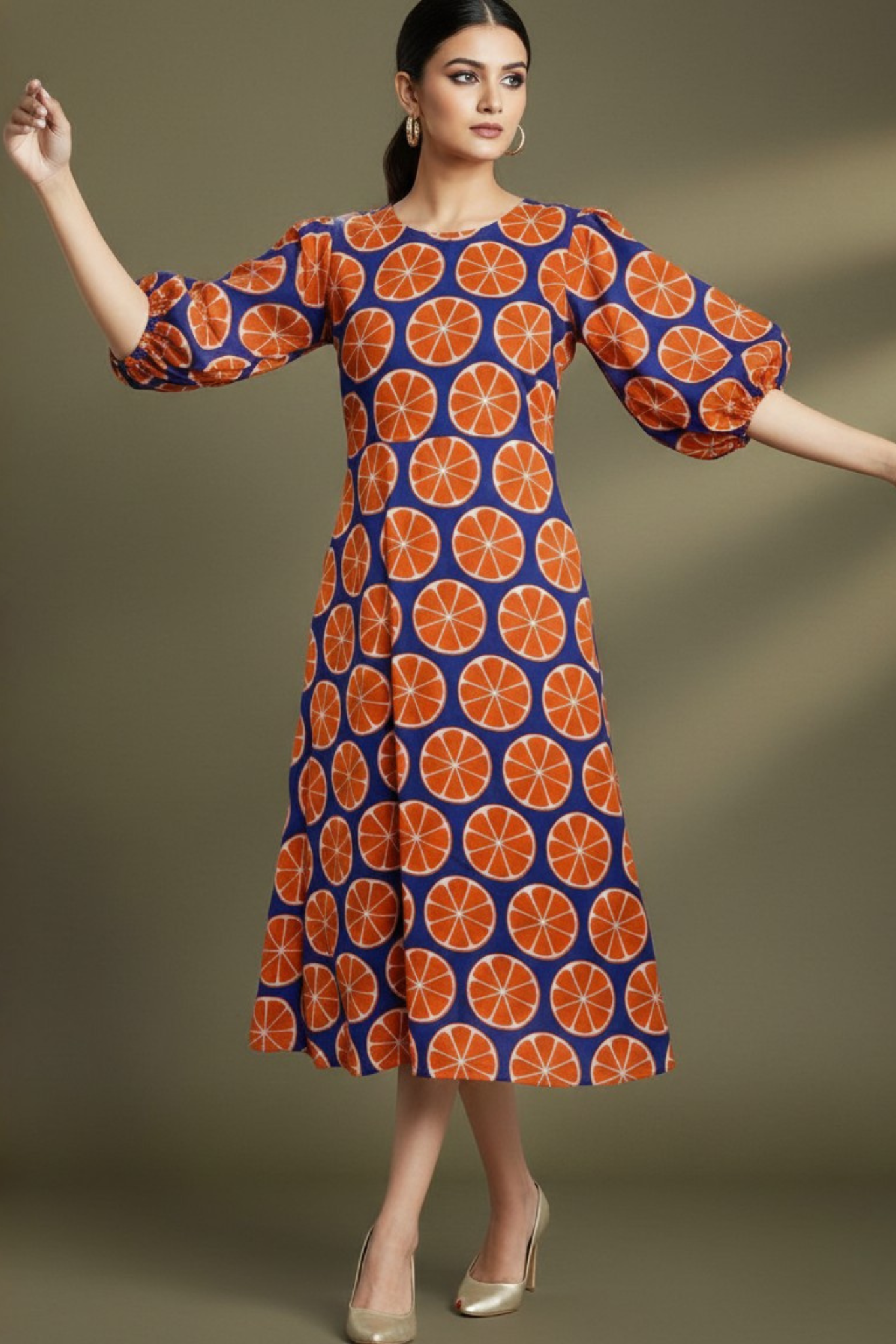 Peasant Sleeve Blue with Orange Motifs Midi Dress