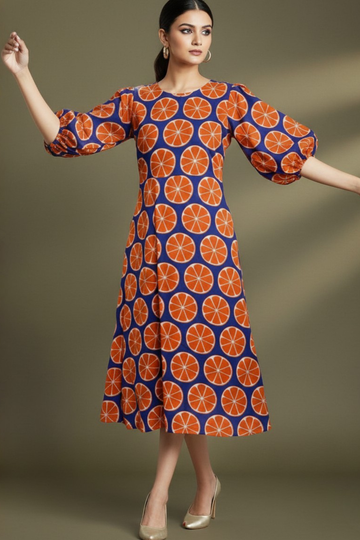 Peasant Sleeve Blue with Orange Motifs Midi Dress