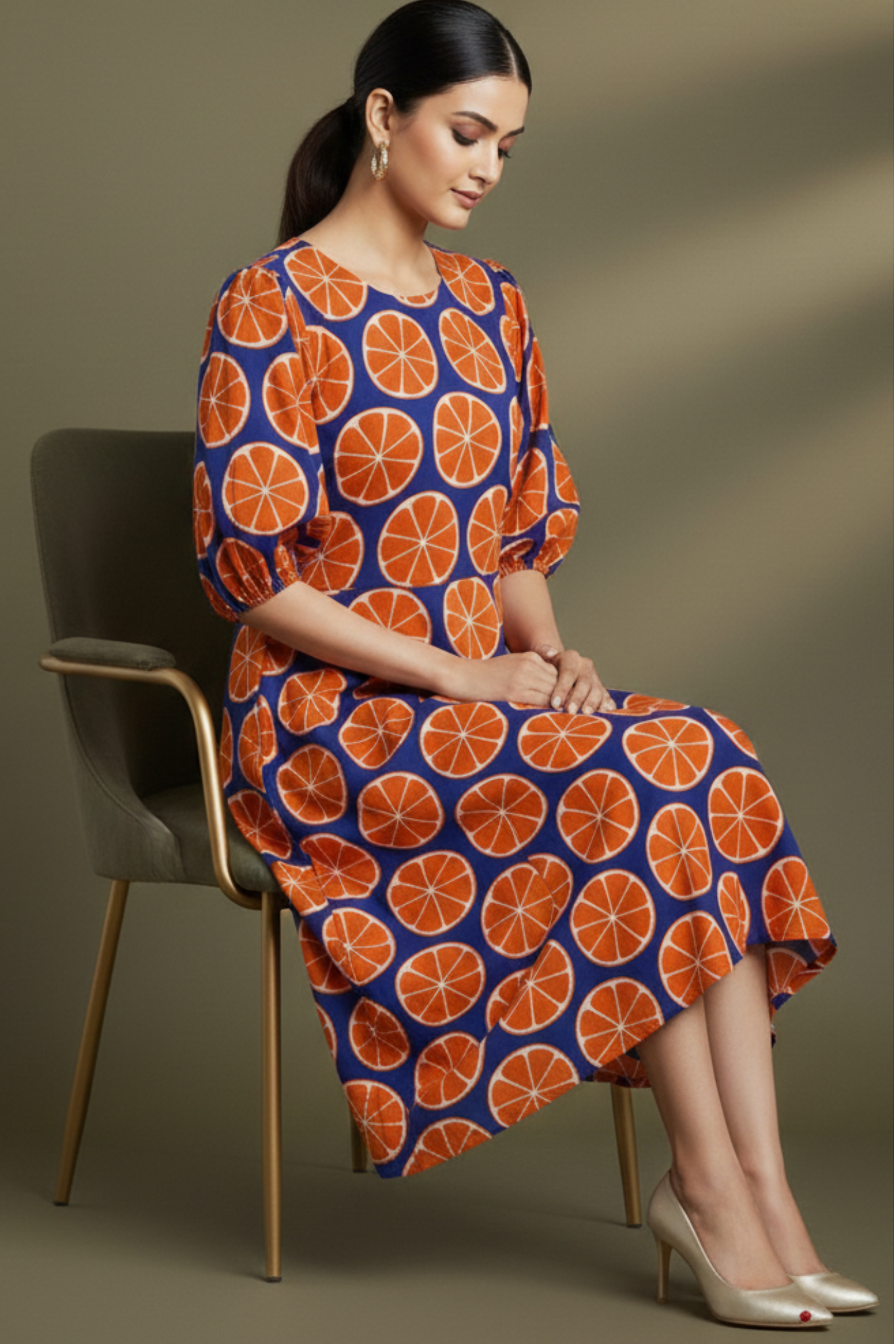 Peasant Sleeve Blue with Orange Motifs Midi Dress