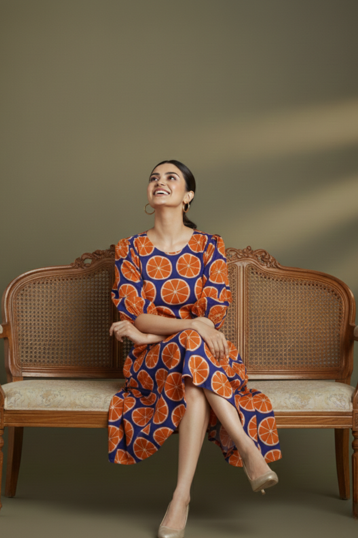 Peasant Sleeve Blue with Orange Motifs Midi Dress