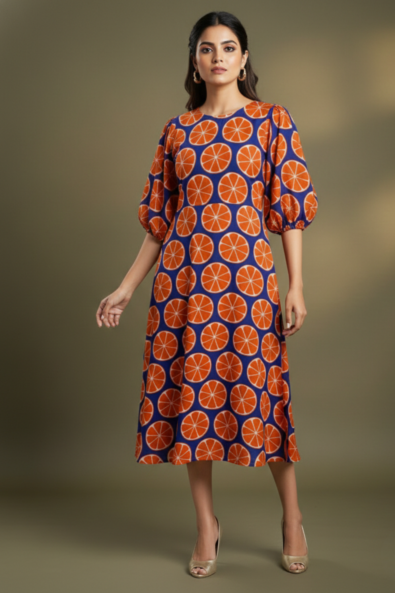 Peasant Sleeve Blue with Orange Motifs Midi Dress