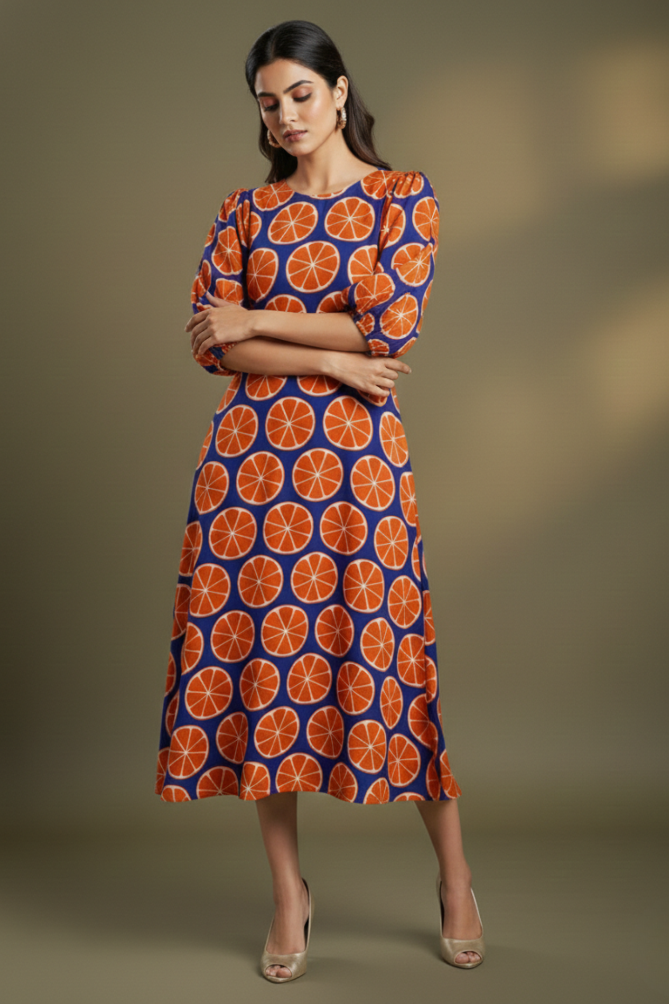 Peasant Sleeve Blue with Orange Motifs Midi Dress