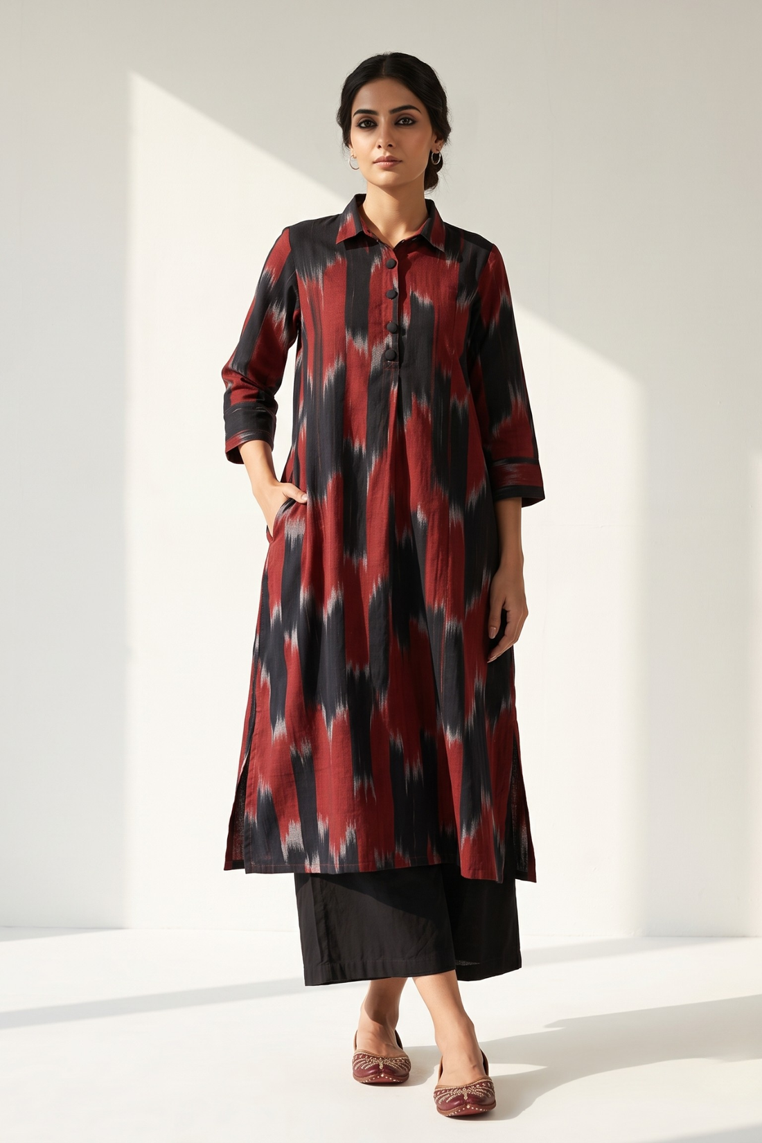 Black_Red_Chevron_Long_Shirt_Dress_With_Slit